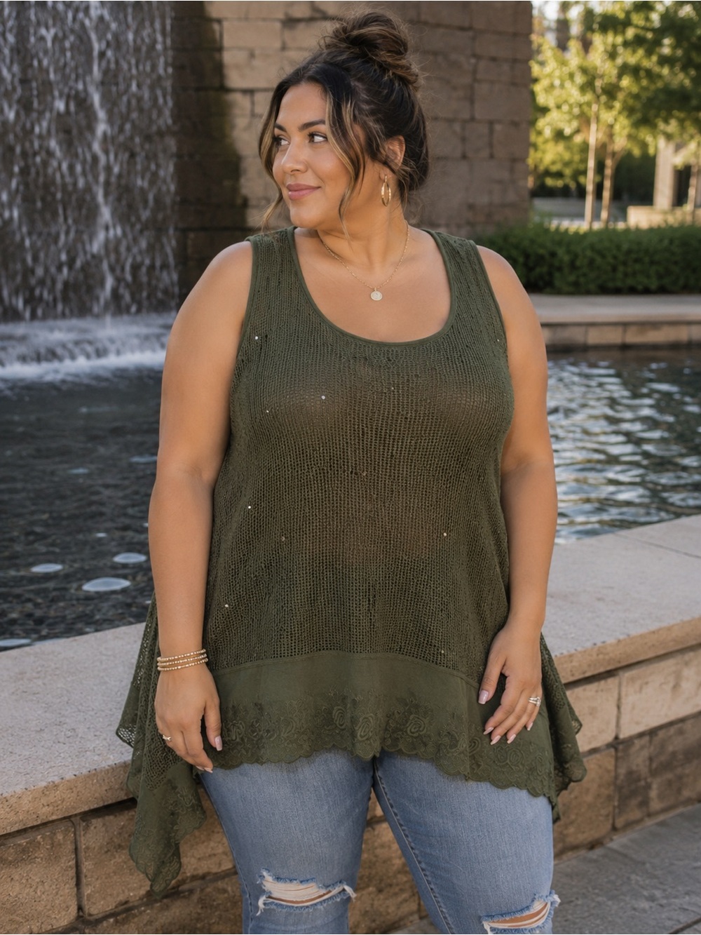 Cupio Olive Green Crochet Layered Tank